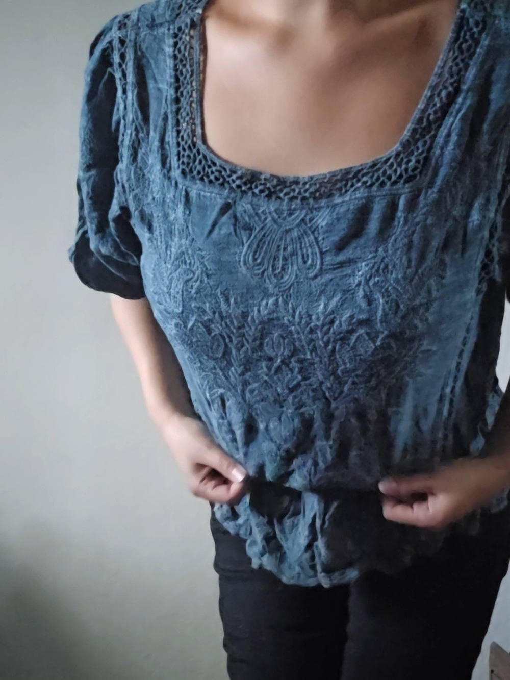 Democracy Embroidered Scoop-Neck Tunic in Slate Blue